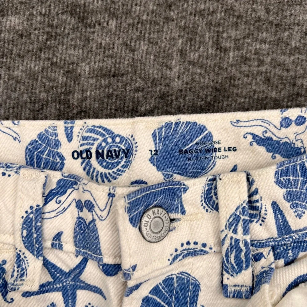Old Navy Girls Blue White Mermaid Starfish Baggy Wide Leg Jeans Size 12